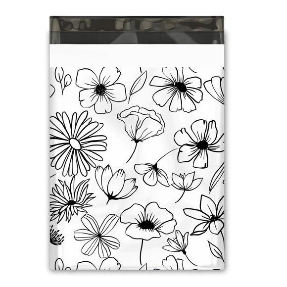 Black & White Sketched Floral Poly Mailer’s 10x13 Pack of 25 - Picture 2 of 6